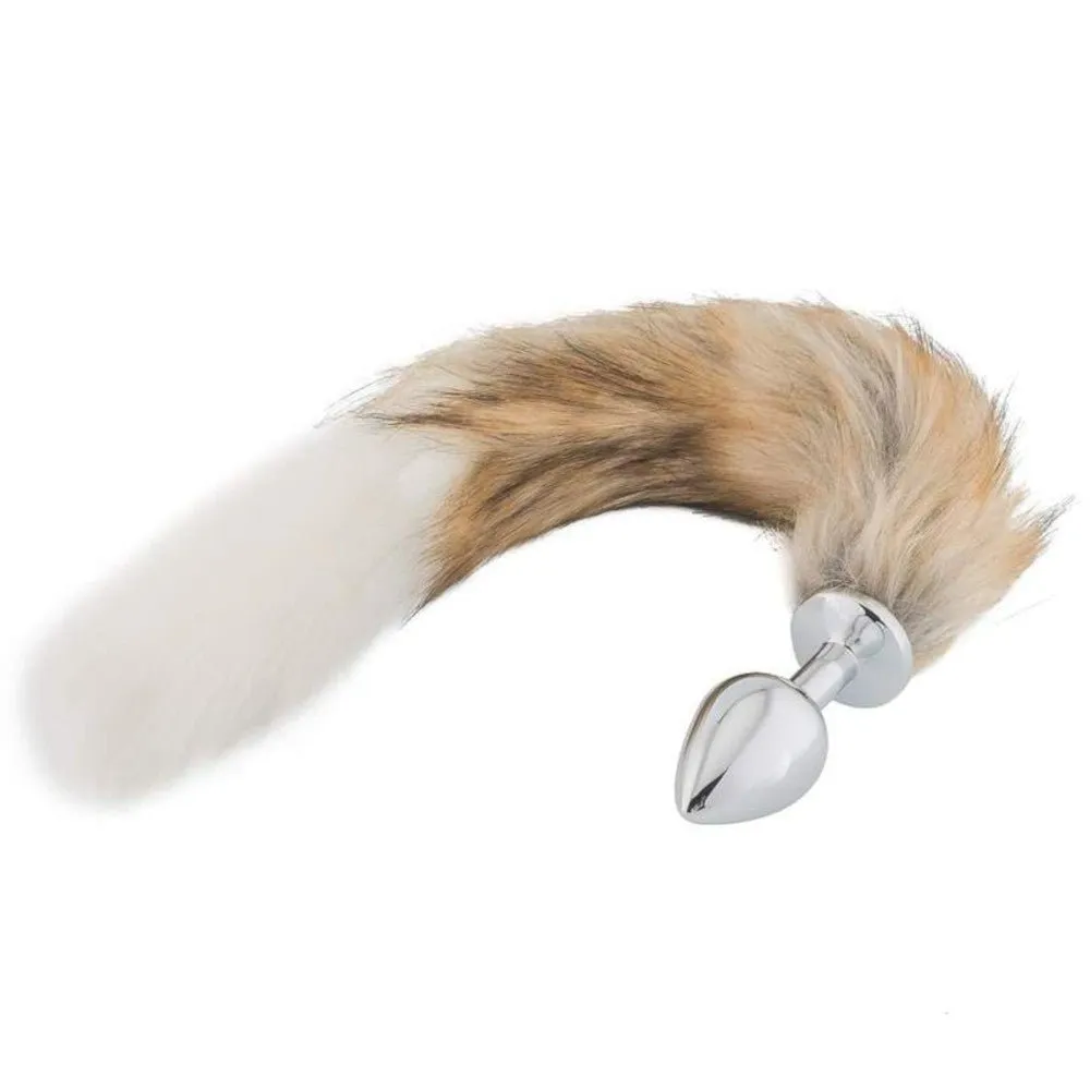 18 Brown with White Fox Tail Metal Plug