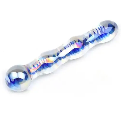 7-inch Blue Wavy Ribbed Glass Dildo for Her