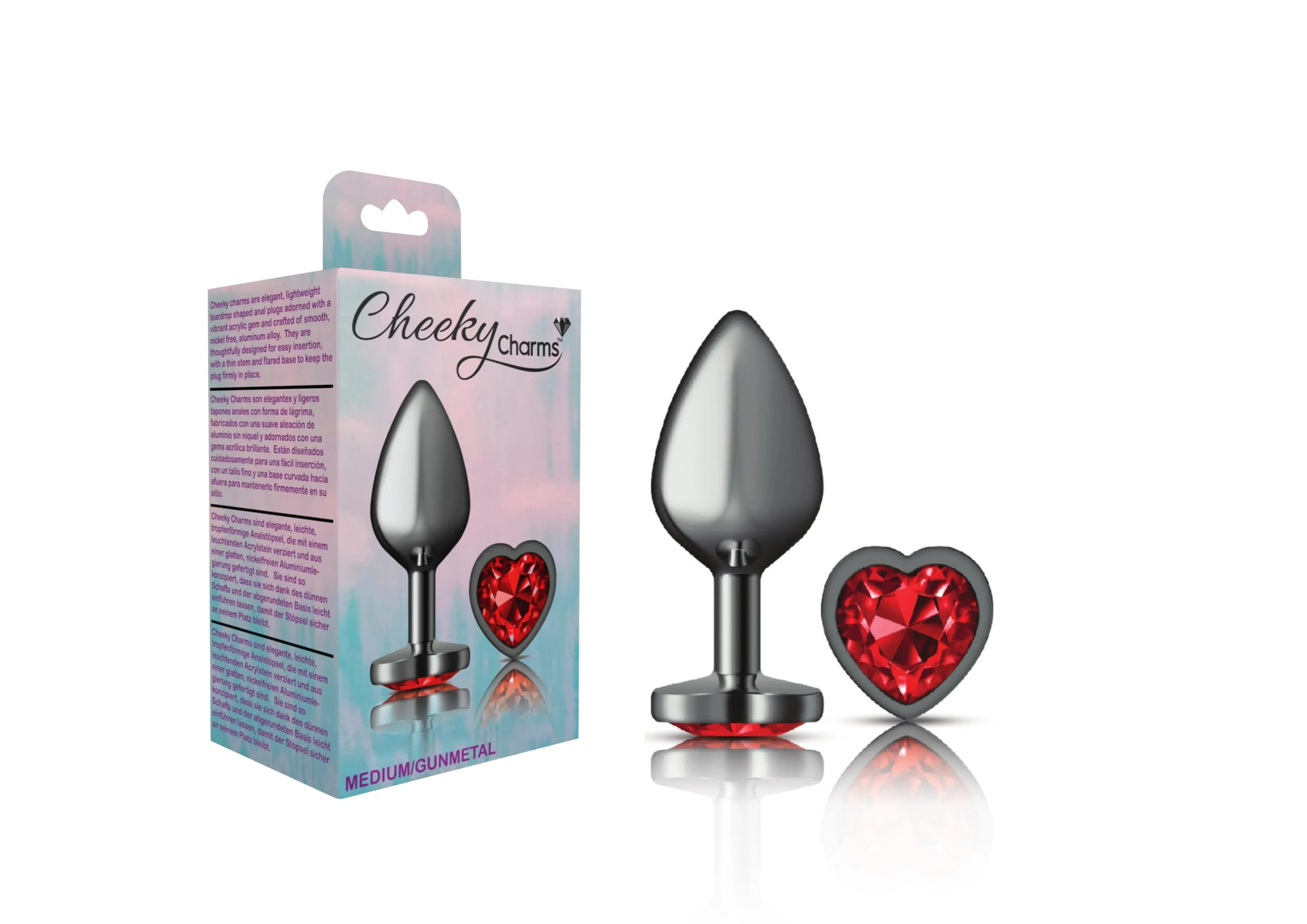 Cheeky Charms Gunmetal Grey Red Heart Gem Butt Plug