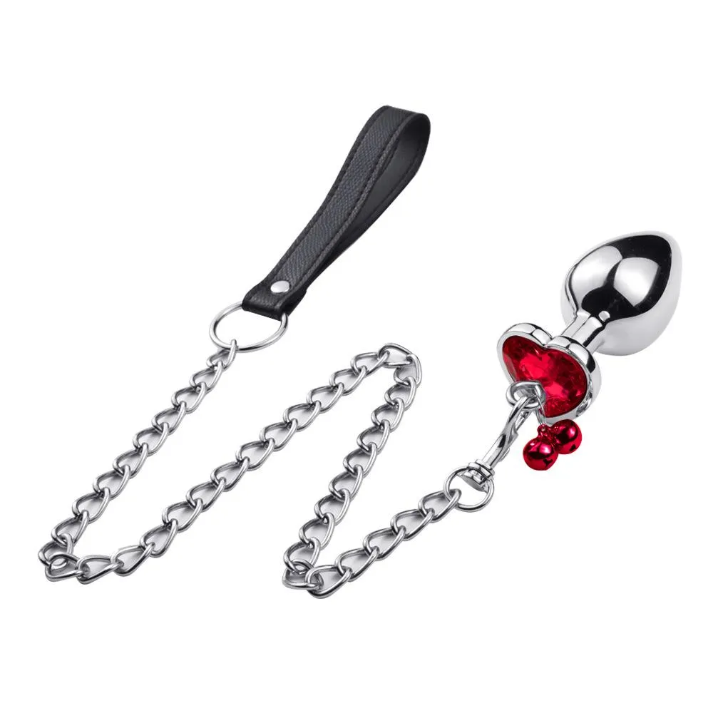 Jewelled Heart Metal Butt Plug With Chain Bell