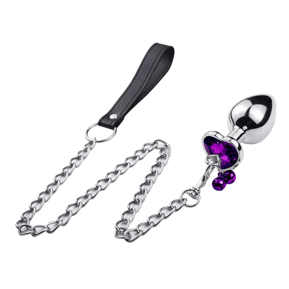 Jewelled Heart Metal Butt Plug With Chain Bell