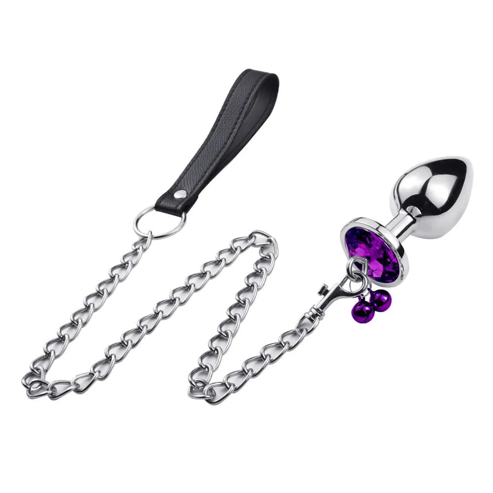 Jewelled Heart Metal Butt Plug With Chain Bell