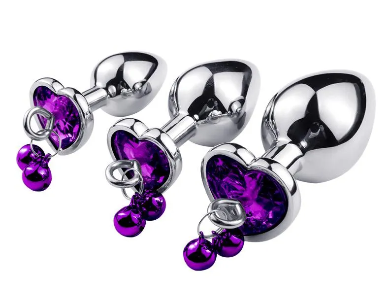 Jewelled Heart Metal Butt Plug With Chain Bell