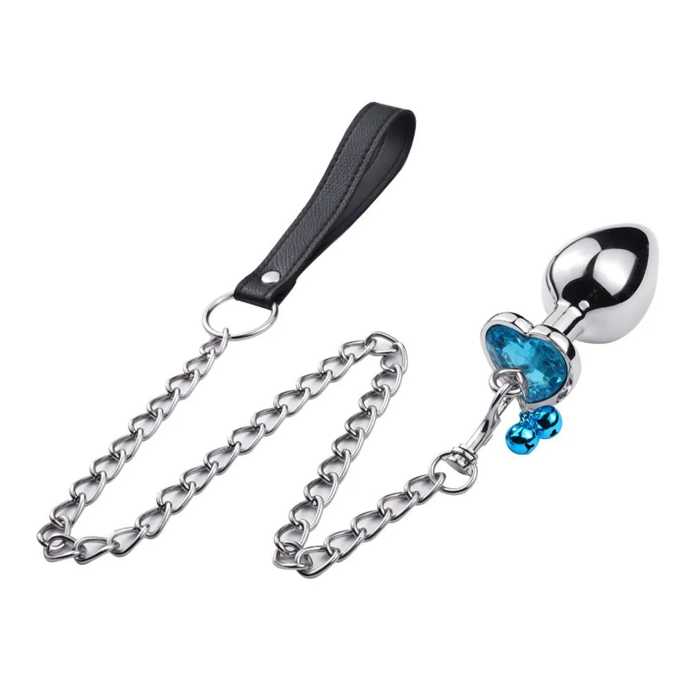 Jewelled Heart Metal Butt Plug With Chain Bell