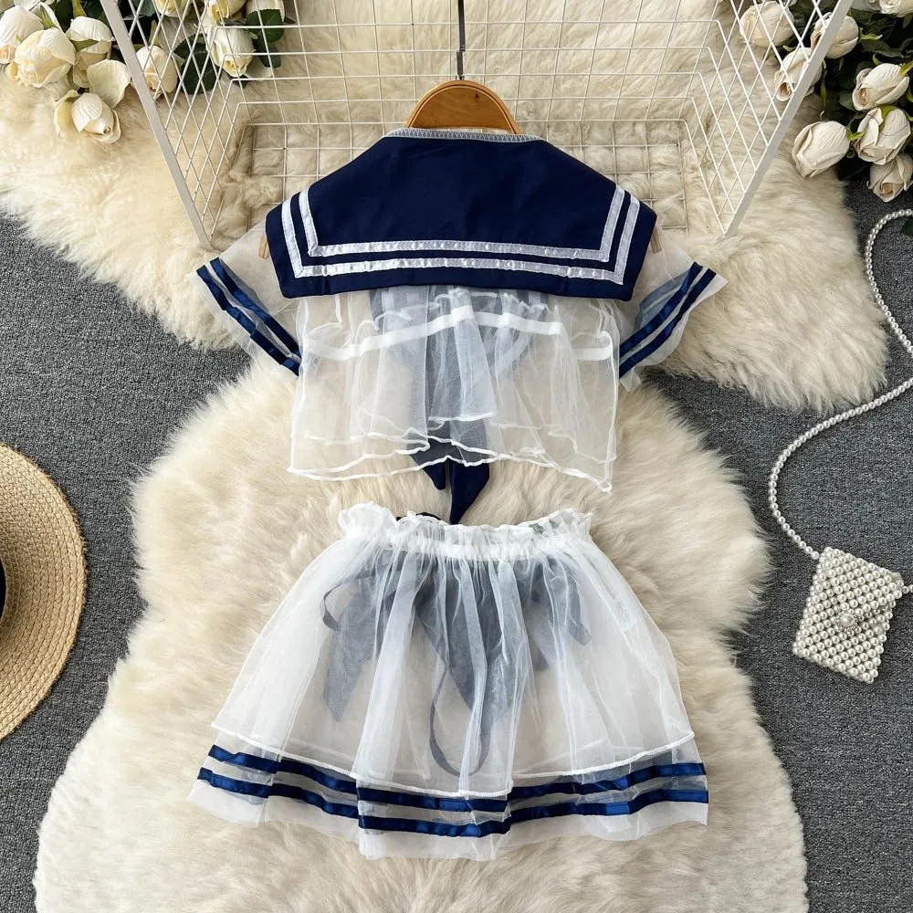 Sailor Tease Mesh Three Piece Lingerie