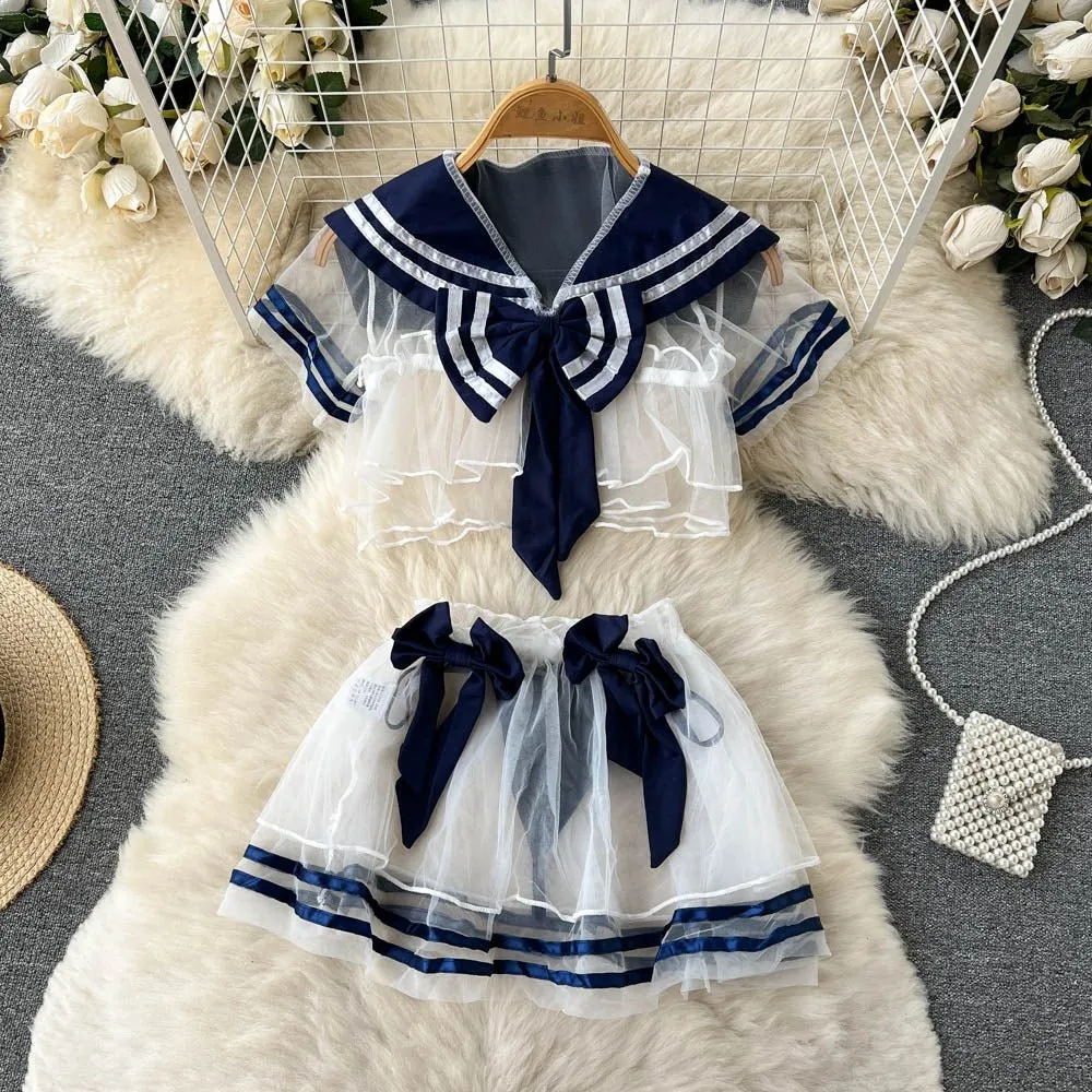Sailor Tease Mesh Three Piece Lingerie