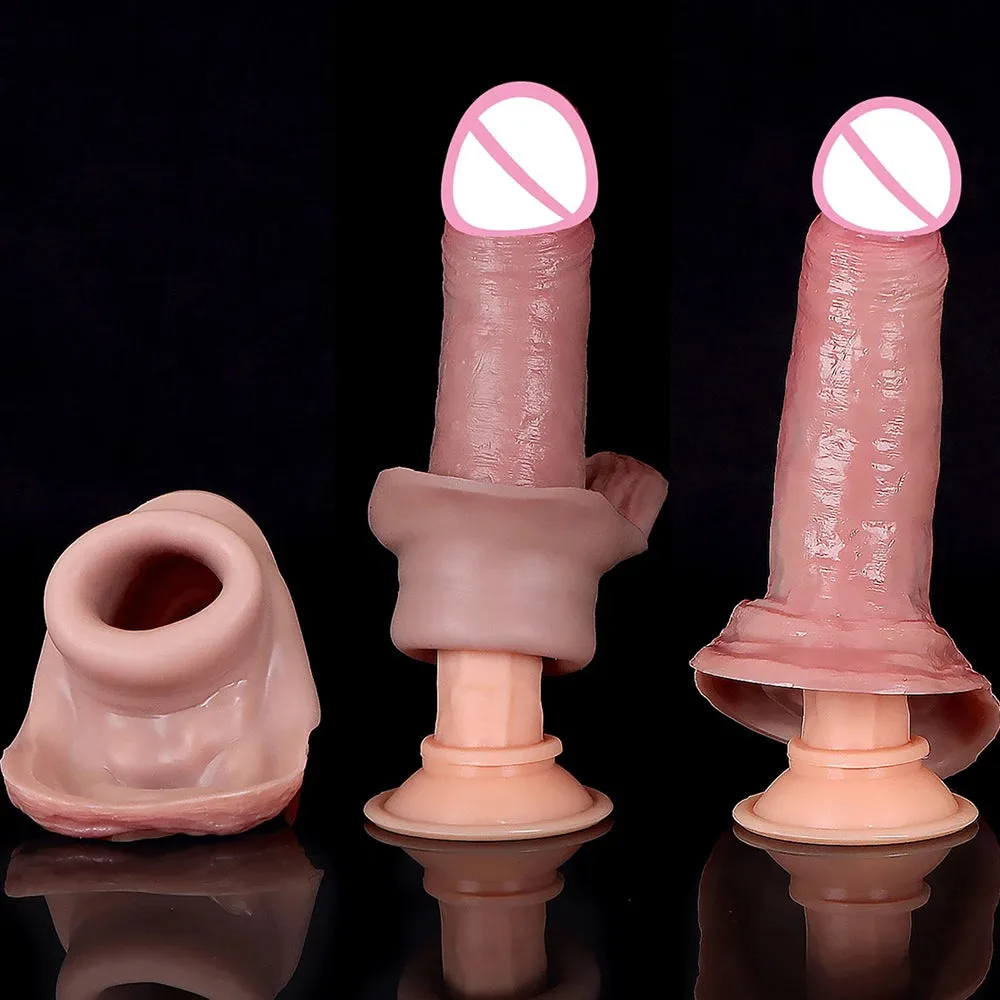 Silicone Cock Sleeve Penis Enlarger - Huge Realistic Dildo Condom Cock Ring Delay Ejaculation Sex Toy for Men