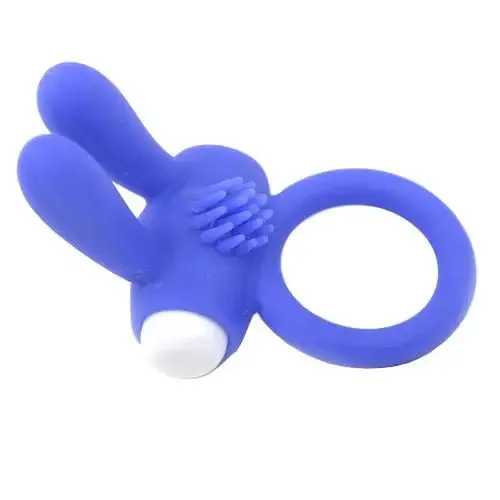 Stretchy Silicone Blue Vibrating Cock Ring with Rabbit Ears